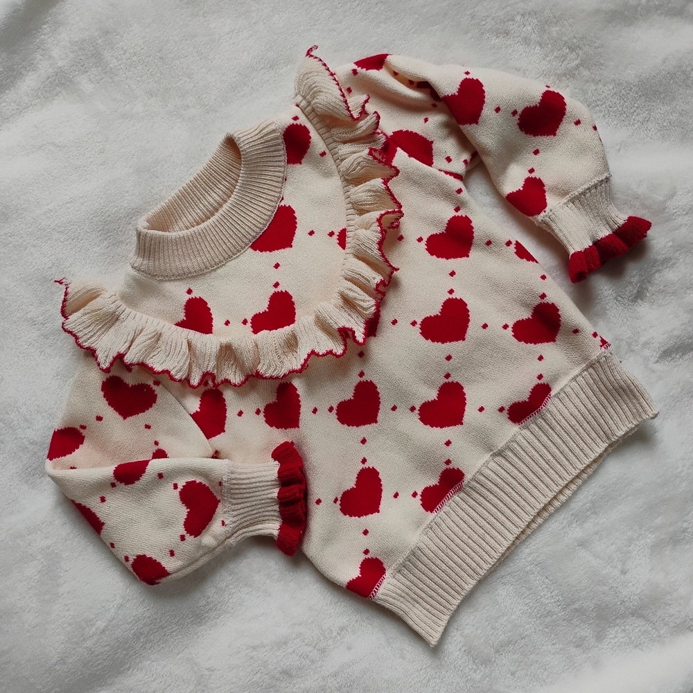 Super Cute Ivory & Red Hearts Toddler Thick Sweater | Valentine's Outfit | 2T